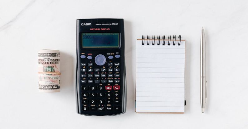 Budget Tools - Composition of calculator with paper money and notebook with pen
